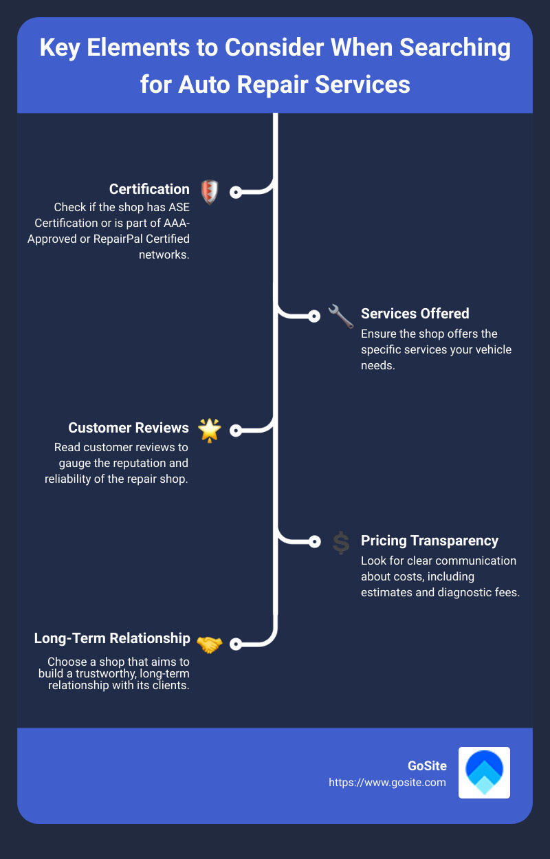 Key elements to consider when searching for auto repair services include certification, services offered, and customer reviews - auto repair near me infographic infographic-line-5-steps