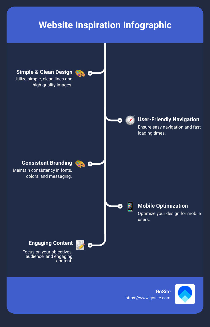 Website Inspiration Infographic: Simple & Clean Design, User-Friendly Navigation, Consistent Branding, Mobile Optimization - examples of websites infographic infographic-line-5-steps