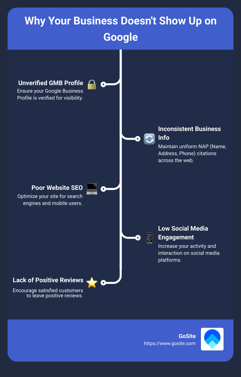 Detailed infographic summarizing key reasons a business doesn't show up on Google: 1. Unverified Google Business Profile. 2. Inconsistent business information (NAP citations). 3. Poor or non-SEO optimized website. 4. Low engagement on social media. 5. Not enough positive customer reviews. - why does my business not show up on google search infographic infographic-line-5-steps
