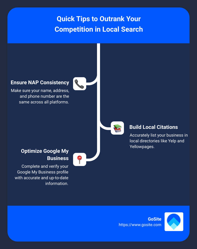 Summary of Local SEO Strategies - how to outrank your competition in local search infographic infographic-line-3-steps