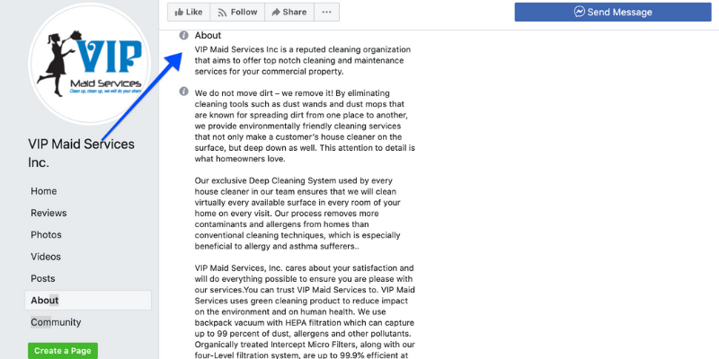 Imagen de la seccion Acerca de de los servicios VIP Maid en Facebook.