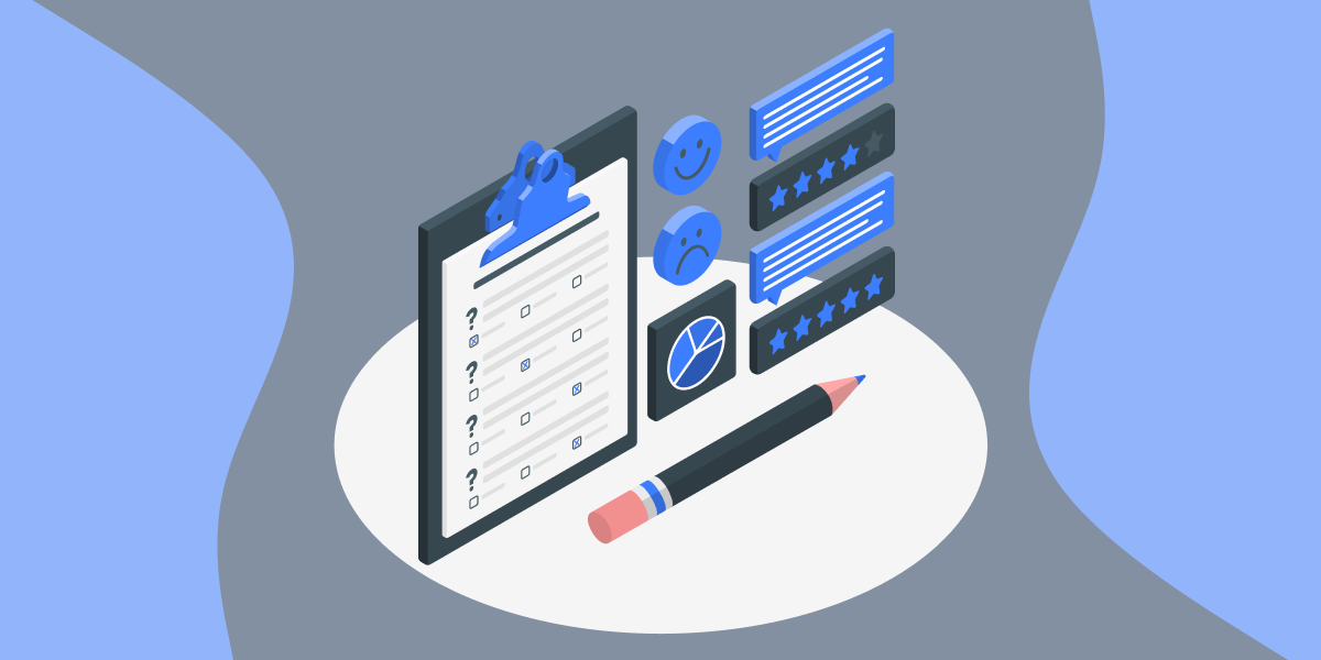 Illustration of a clipboard, happy and sad face, pie graph, speech bubbles and pencil. 