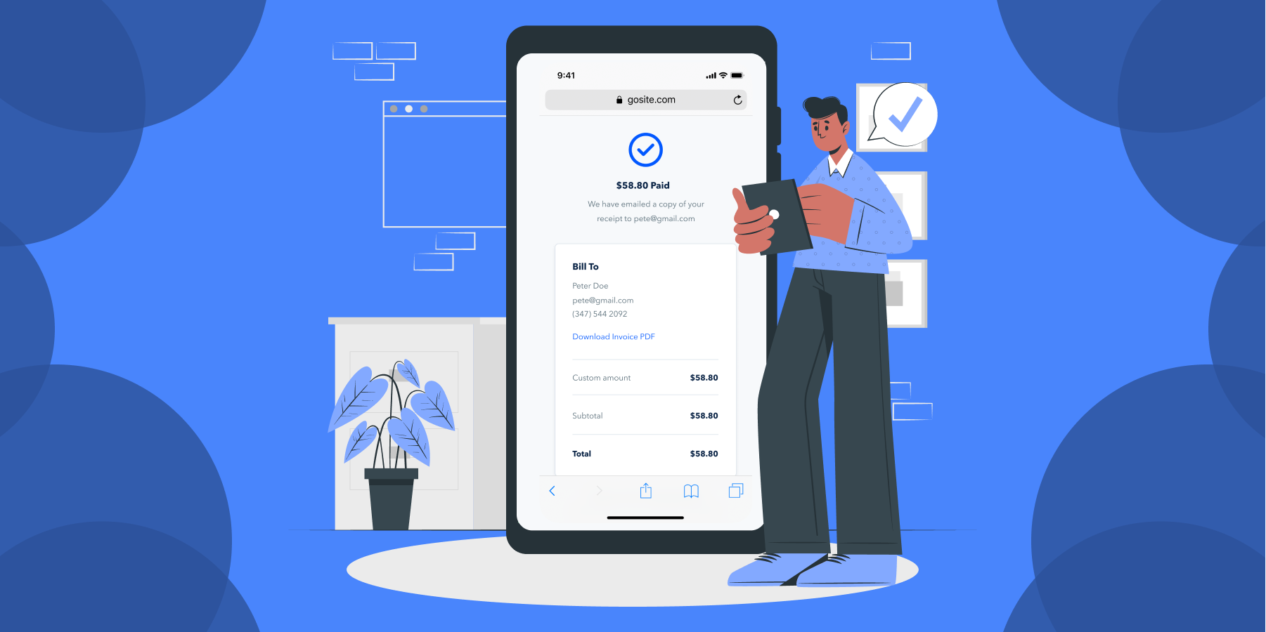Illustration of a man holding a tablet and mobile phone showing the GoSite invoice app.