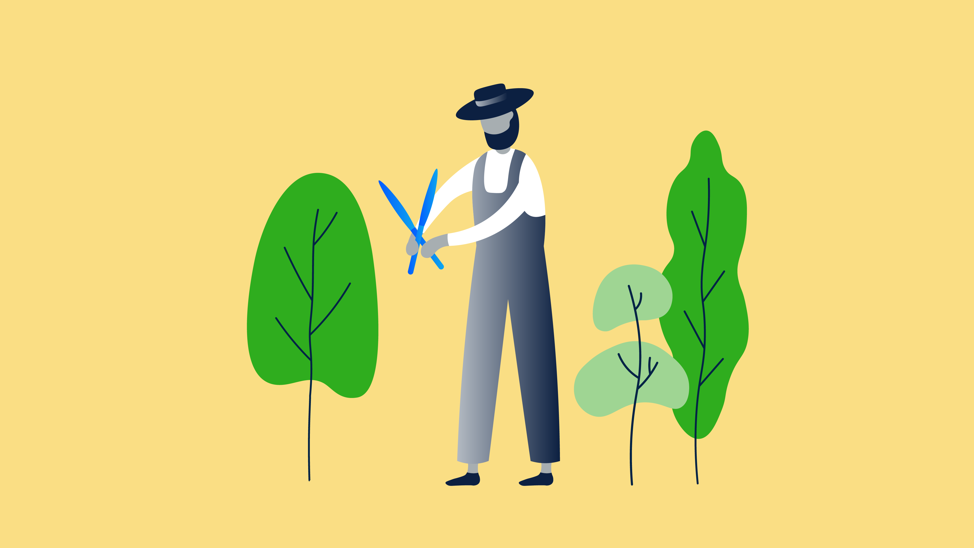 Ilustracion de un hombre sosteniendo unas tijeras de jardineria, rodeado de plantas y arboles.