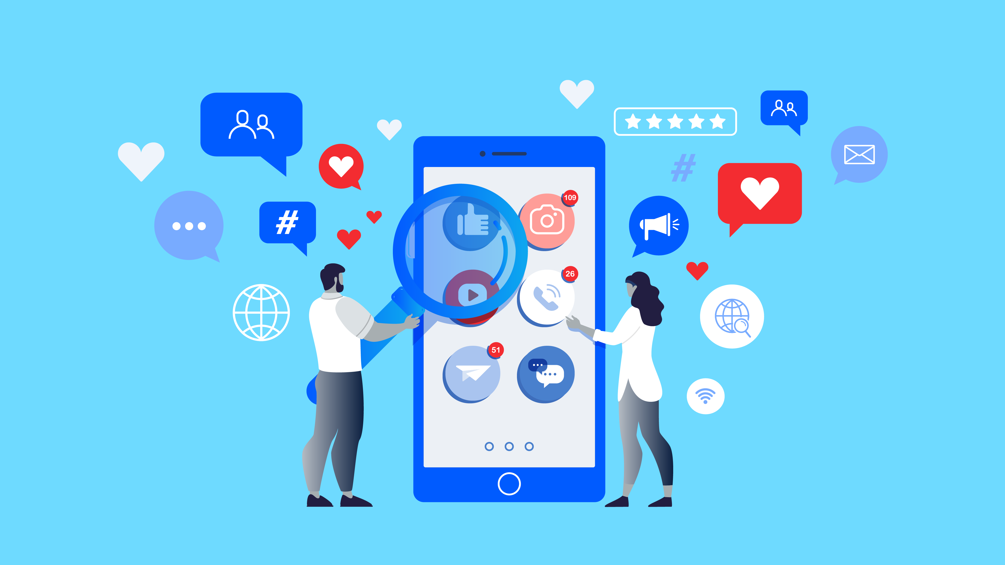 ilustracion de un telefono con multiples iconos de comunicacion.