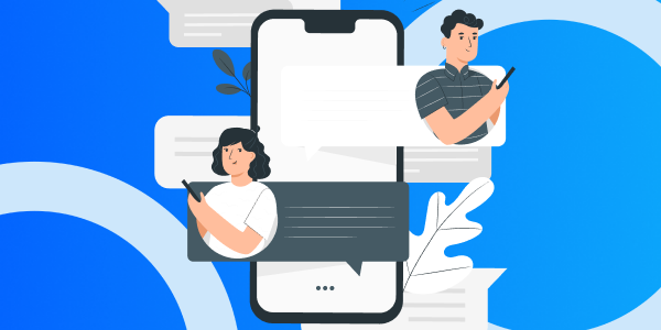 Illustration of smartphone, a man and a woman texting.