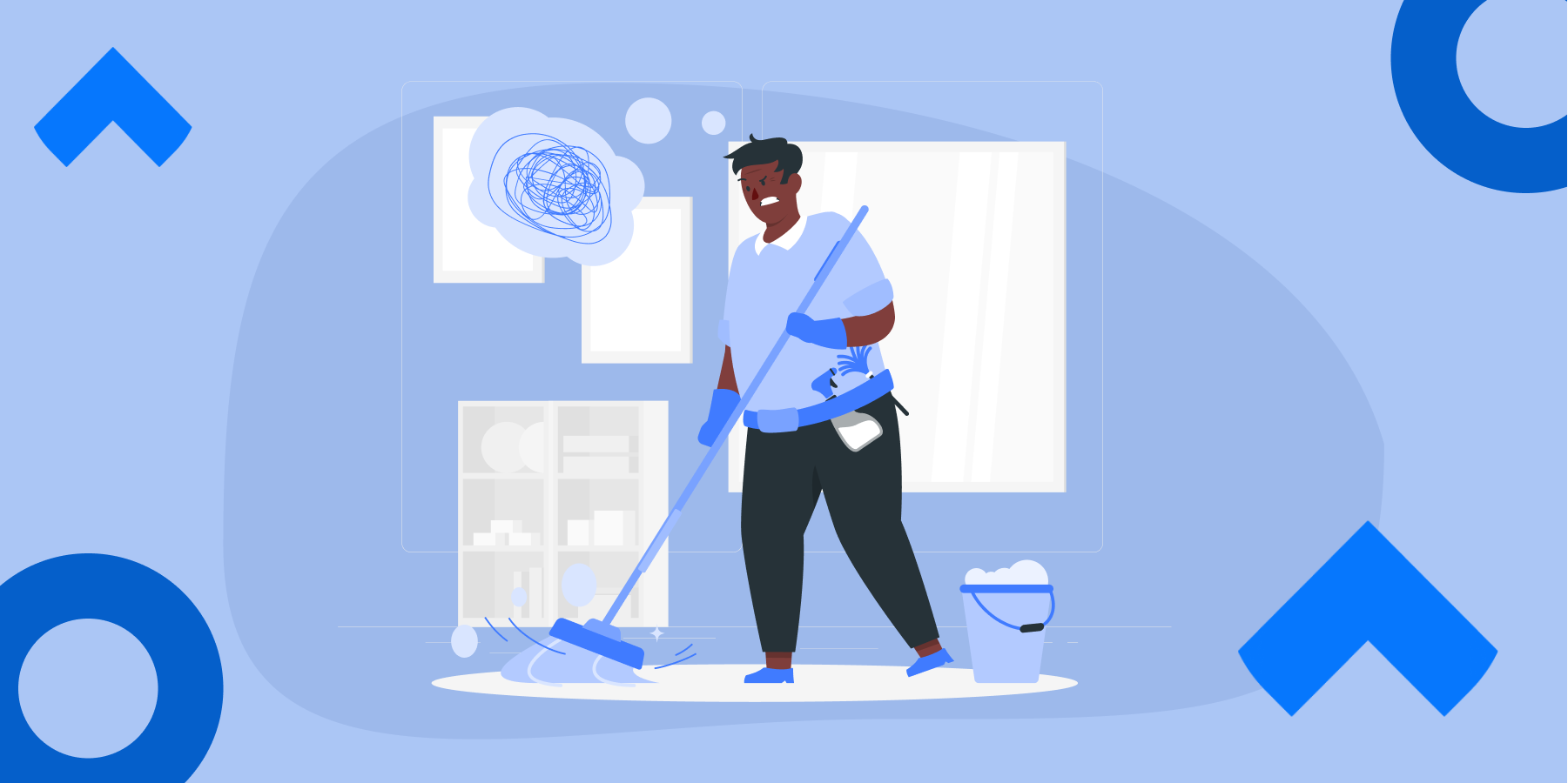 Illustration of a man cleaning, holding a mop and beside a pail. 