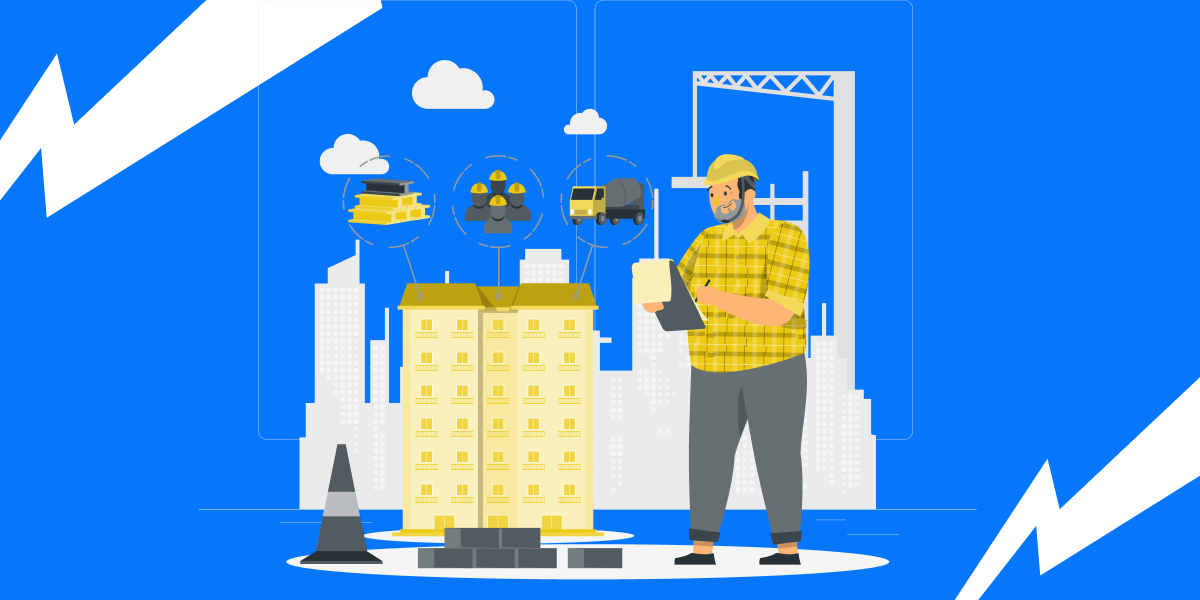 Ilustracion de un hombre al lado de un edificio sujetando un portapapeles.